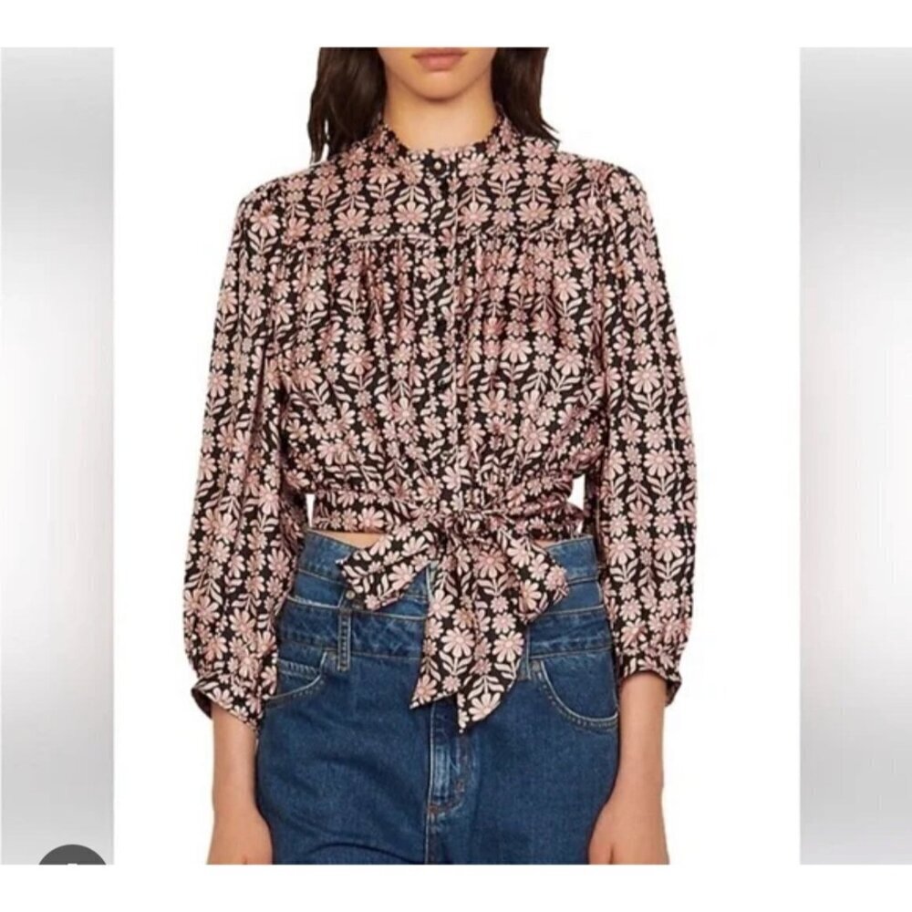 Sandro Helia Silk Crop Top, Black/Pink, Size 1